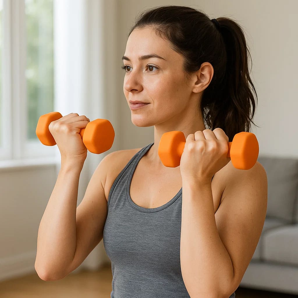 Woman using Herbionyx GripForm Duo dumbbells for strength training in a bright room.