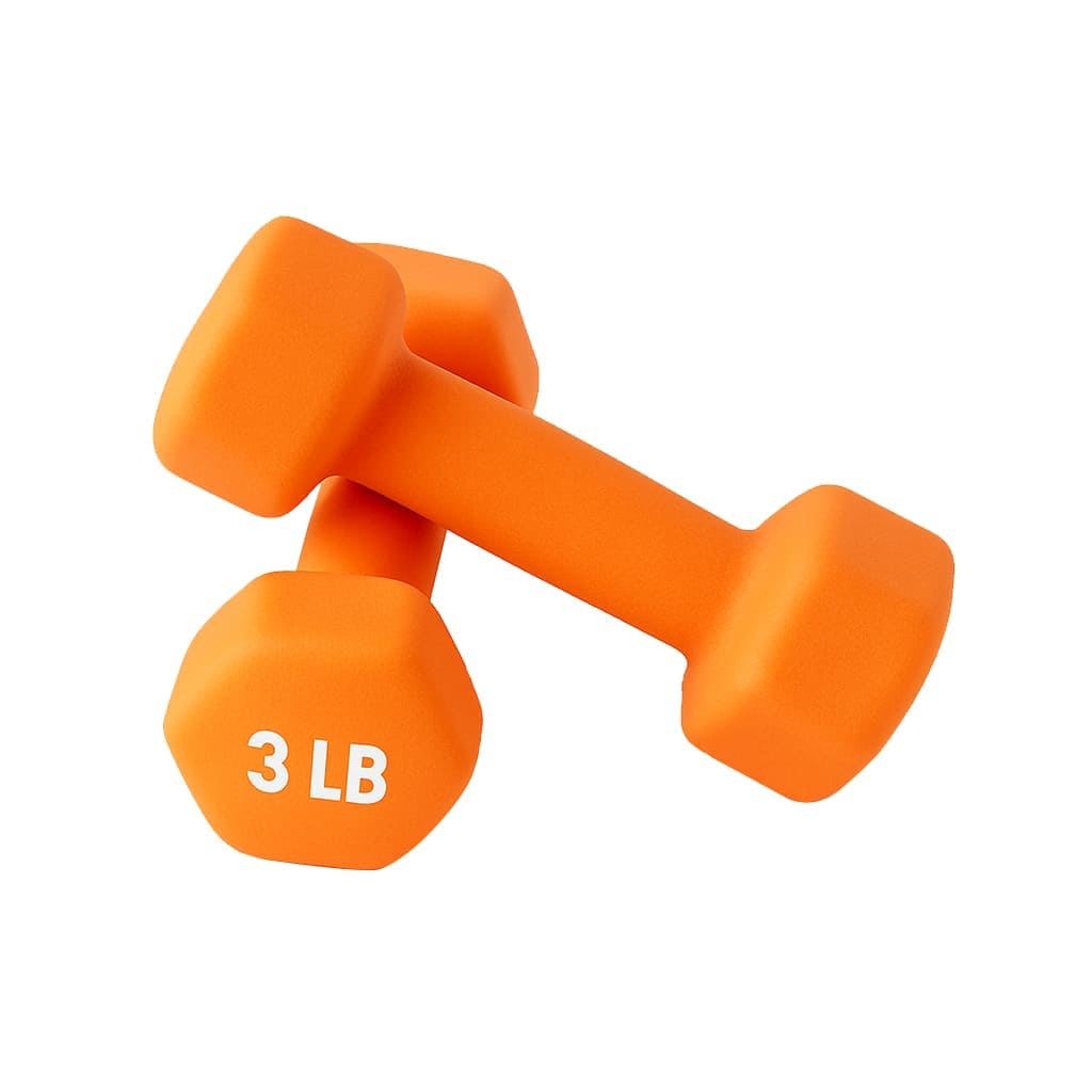 Orange 3 LB neoprene-coated dumbbells for strength training and fitness workouts.