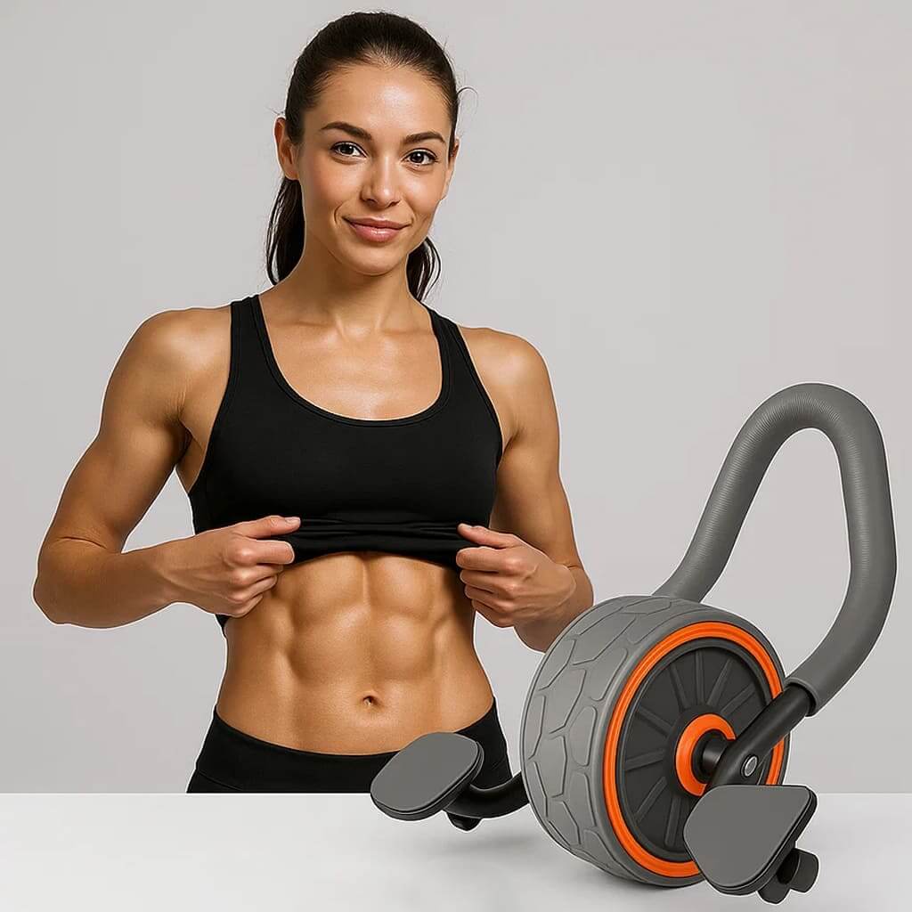 Herbionyx AbFlow Max ab roller with fit woman showcasing her abs for effective core training.