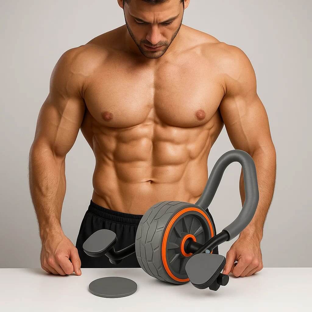 Man demonstrating the Herbionyx AbFlow Max ab roller with core strength training equipment.