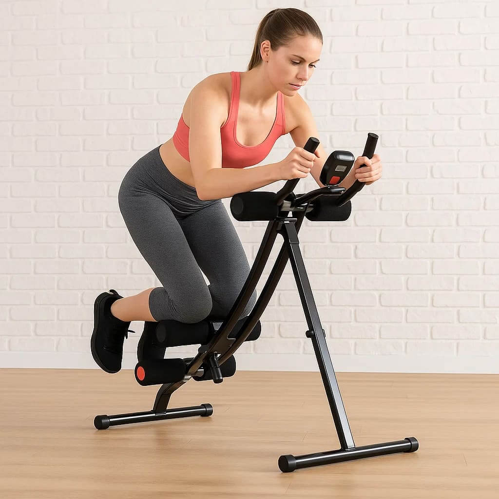 Woman using Herbionyx AbStrive ab sculptor for core training at home.