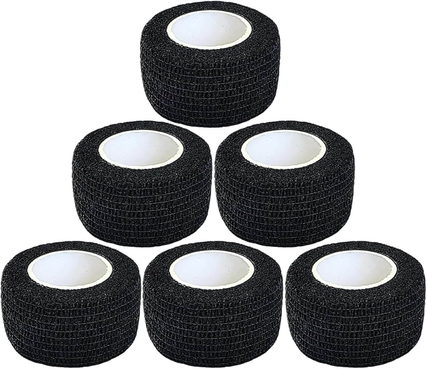 Six rolls of black adhesive bandage tape, perfect for secure wound dressing and support, lightweight and breathable material.