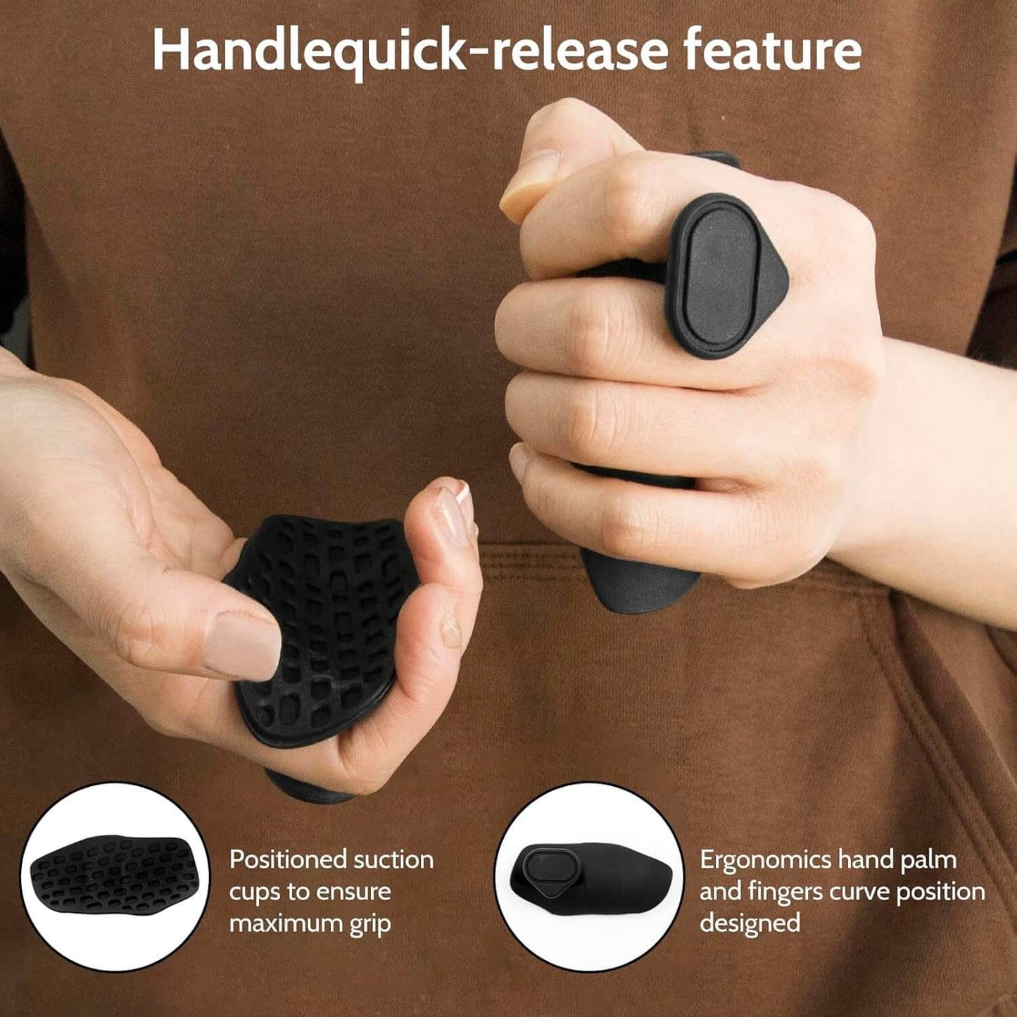 Hands demonstrating the quick-release handle feature with ergonomic grip design for enhanced control and comfort.