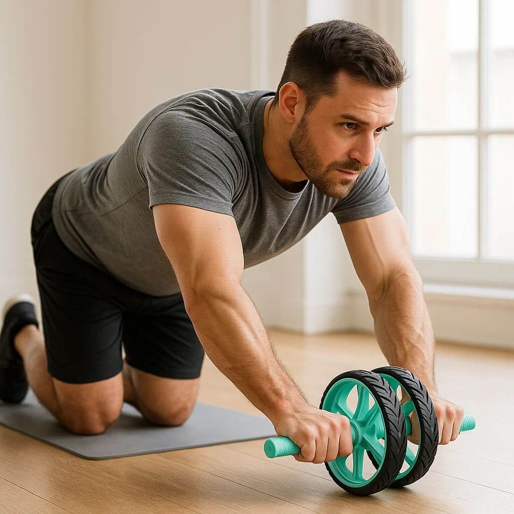 Man using the Herbionyx RollCore dual-wheel ab roller for core workout at home.