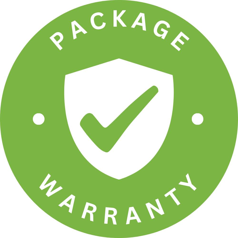 Green badge with a shield and checkmark, stating 'Package Warranty' for product assurance.