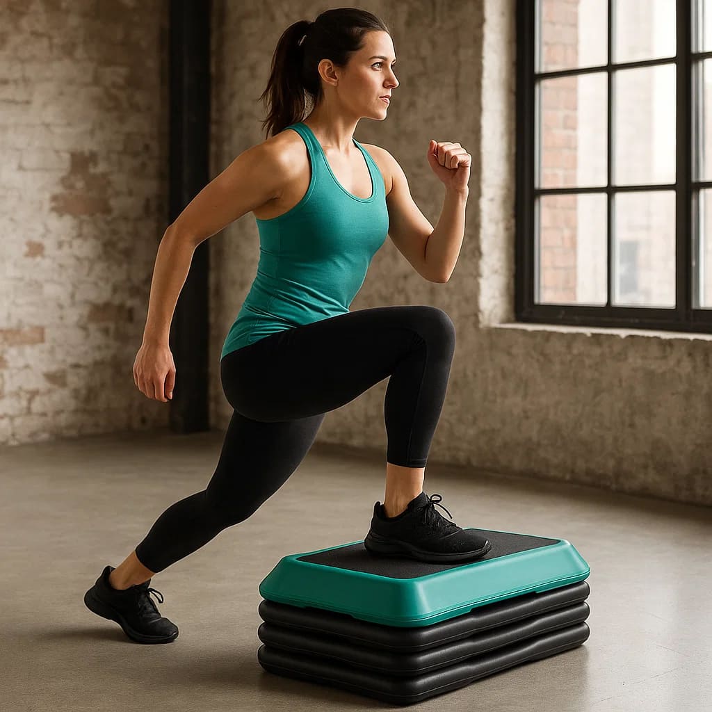 Woman performing lunges on Herbionyx ElevateFit Board in a modern fitness studio.