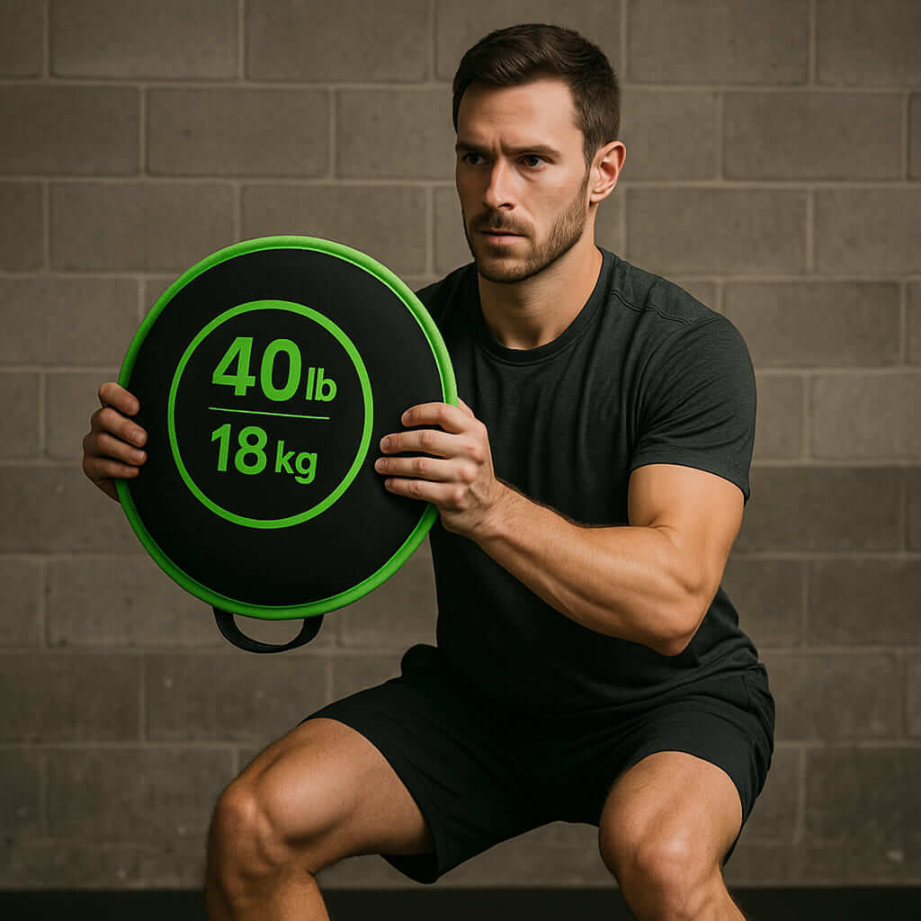 Man performing a squat with the Herbionyx VitaBell fitness weight, showcasing its versatility for total body training.