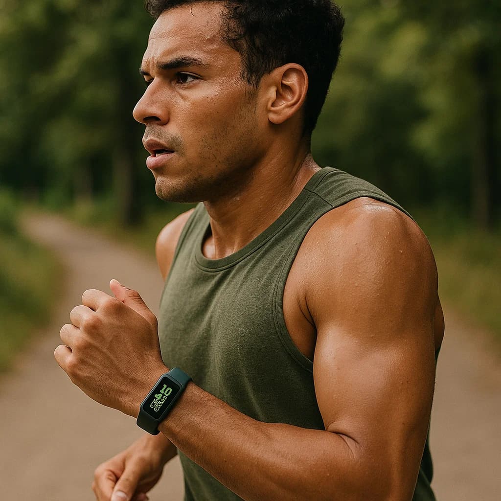 Man jogging outdoors wearing the Herbionyx PulseSync Watch for fitness tracking and heart rate monitoring.