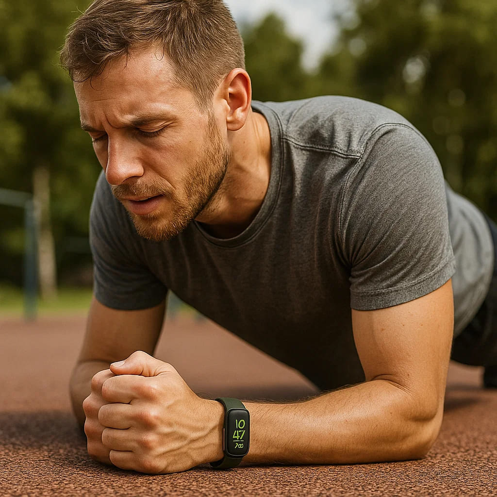 Man doing a plank exercise while wearing the Herbionyx PulseSync Watch, tracking heart rate and fitness.