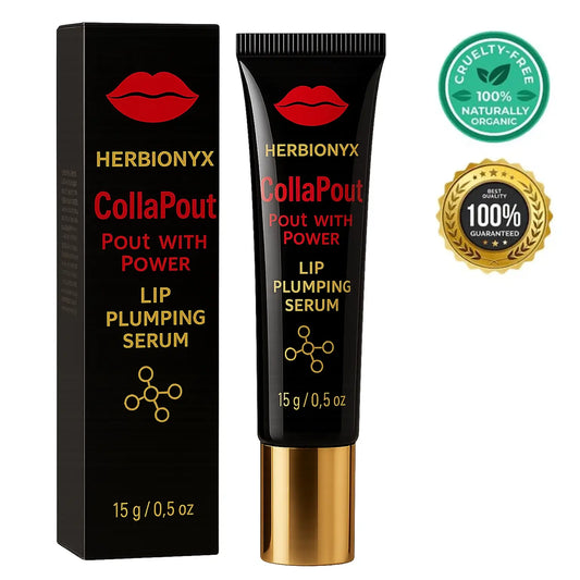 Herbionyx CollaPout lip plumping serum in a sleek tube with cruelty-free and organic certification.