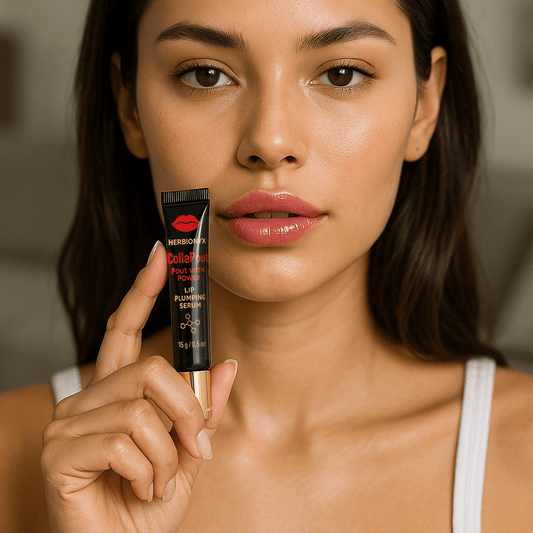 Herbionyx CollaPout lip plumping serum displayed by a model, showcasing vibrant, hydrated lips.