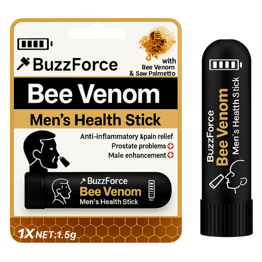 BuzzForce Bee Venom Men's Health Stick, a portable applicator for prostate comfort and intimate wellness.