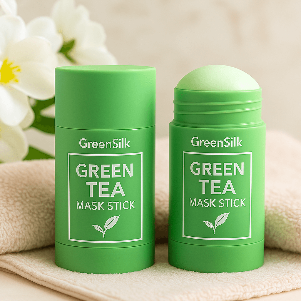 GreenSilk Green Tea facial mask stick in portable containers, ideal for deep cleansing and balancing skin.