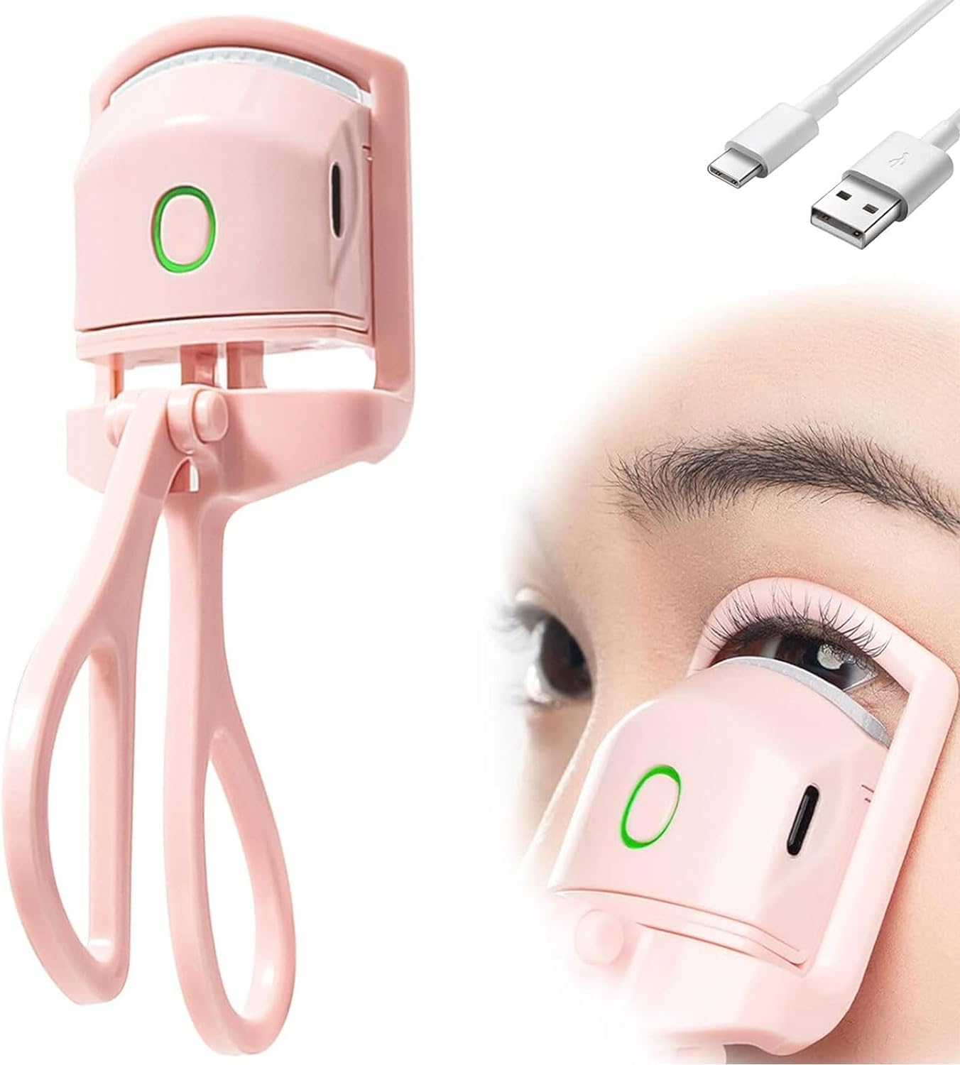 Herbionyx GlowCurl Heated Eyelash Curler with USB charging, pink design, enhancing lashes for long-lasting curls.