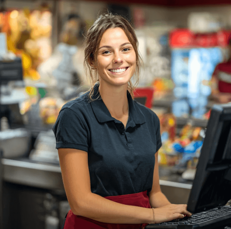 Smiling woman at a register in a busy store, showcasing excellent customer service.