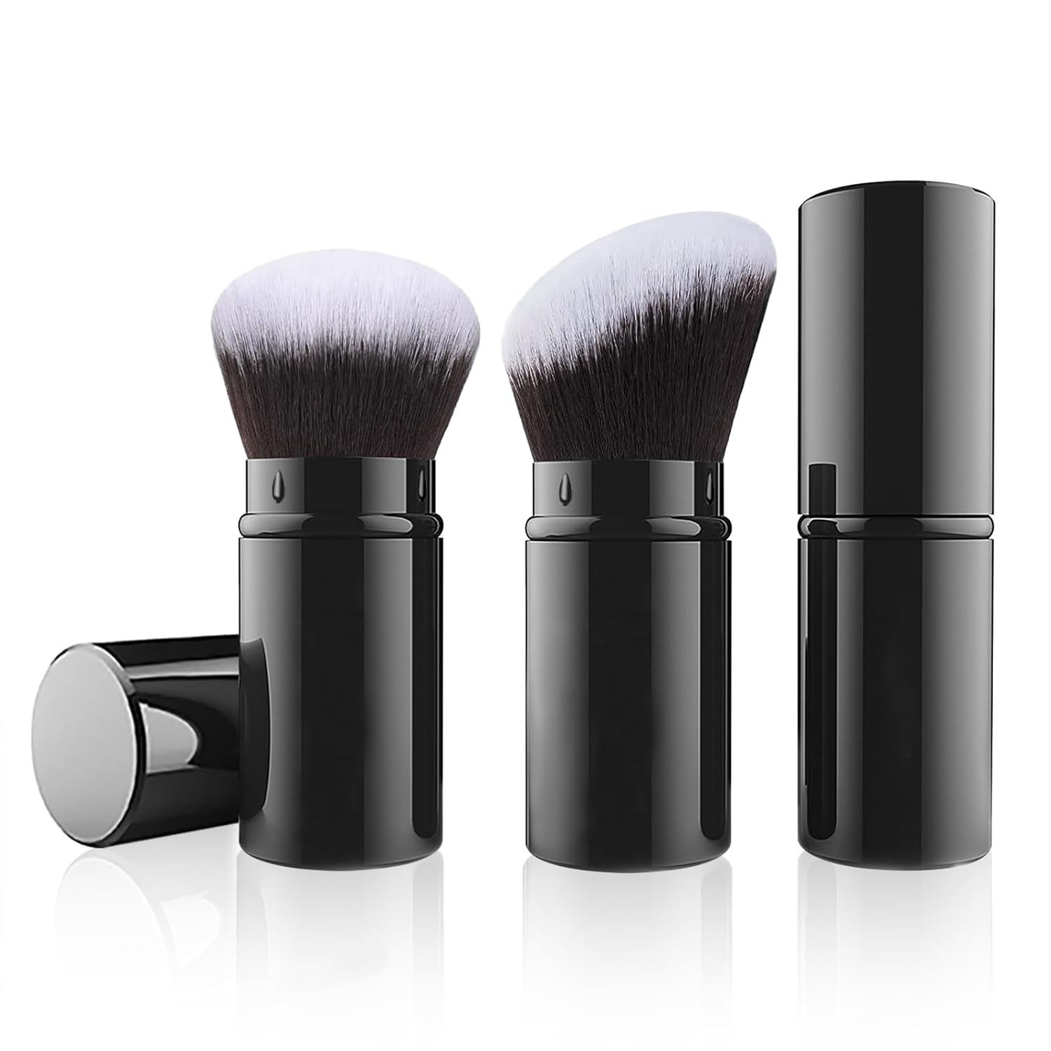 Herbionyx Retractable Kabuki Brush showcased from multiple angles, featuring soft bristles and protective casing.