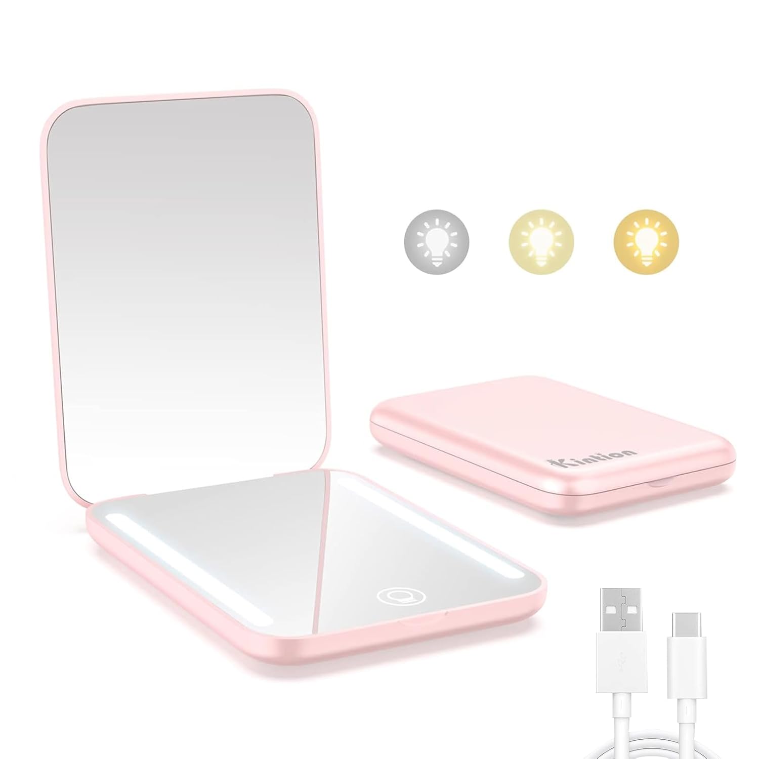 Herbionyx Rechargeable LED Makeup Mirror in pink, featuring adjustable brightness and compact design.