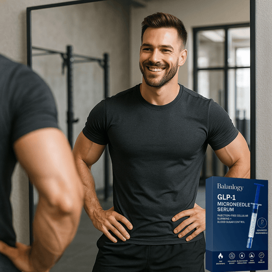 Man smiling in gym mirror with Balanlogy GLP-1 Microneedle Serum displayed, showcasing skincare innovation.