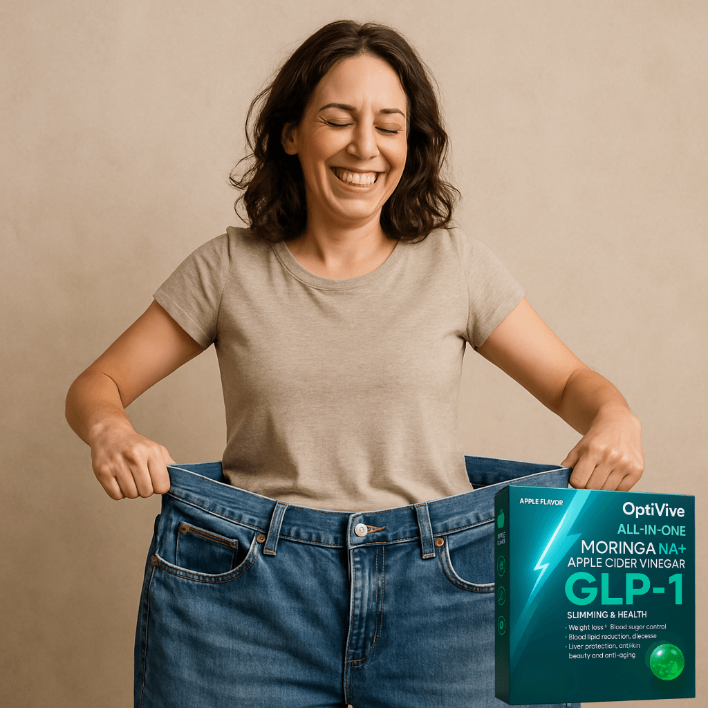 Smiling woman holding oversized jeans next to OptiVive All-in-One Moringa and Apple Cider Vinegar GLP-1 product.