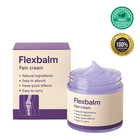 Flexbalm Pain Cream in a jar with a purple box, promoting natural relief for muscle stiffness and joint discomfort.