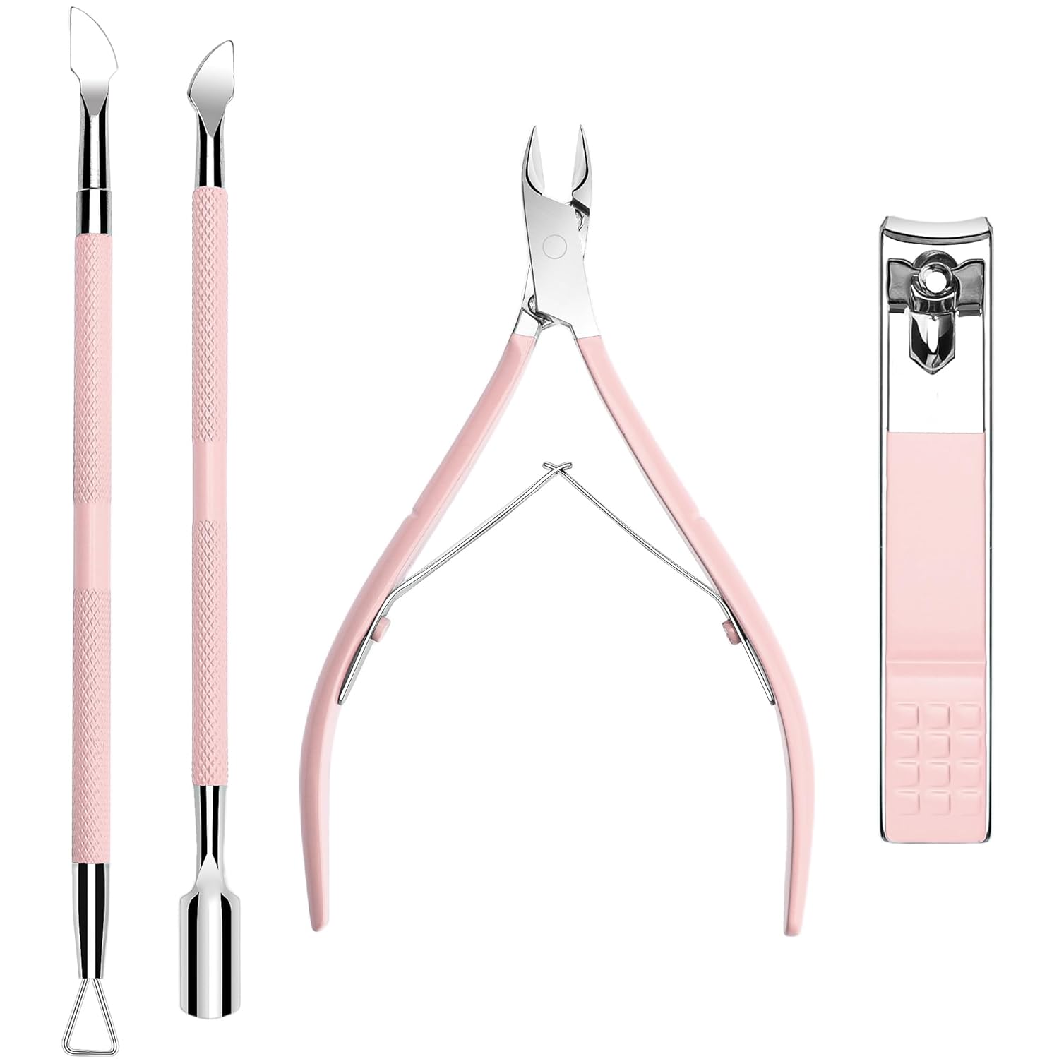 Herbionyx Cuticle Trimmer & Pusher Set with stainless steel tools and pink textured handles.