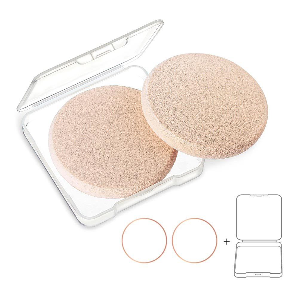 Herbionyx Flawless Foundation Makeup Sponge in a transparent case with two soft, round foam sponges for seamless application.