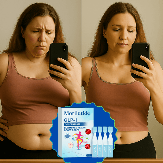Before and after photo showing weight loss results with Morilutide Slimming Drops; supports appetite control and boosts metabolism.