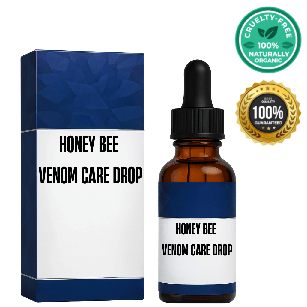 Honey Bee Venom Care Drop bottle and packaging, featuring organic and cruelty-free certification.