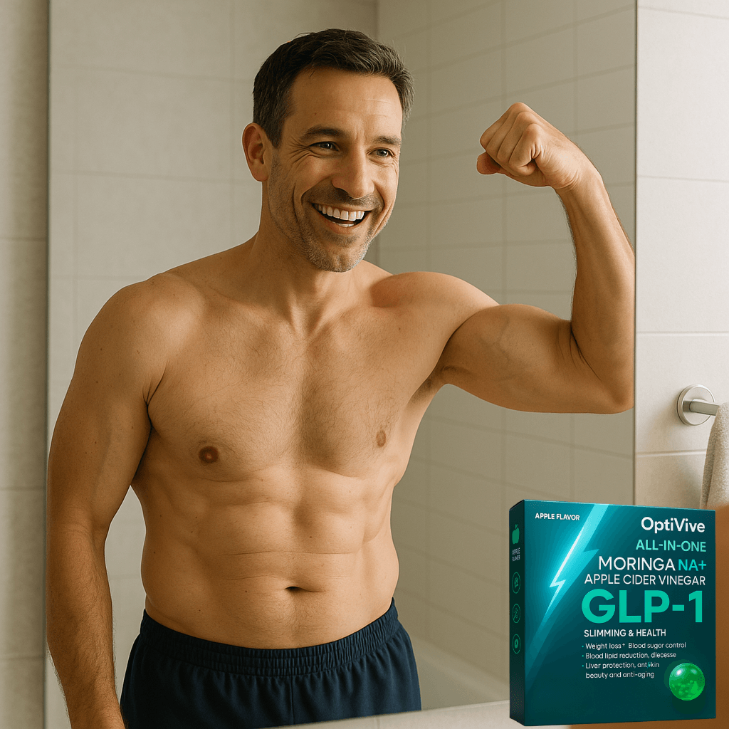 Smiling man flexing in shower with OptiVive All-in-One Moringa na+ Apple Cider Vinegar for health and wellness.