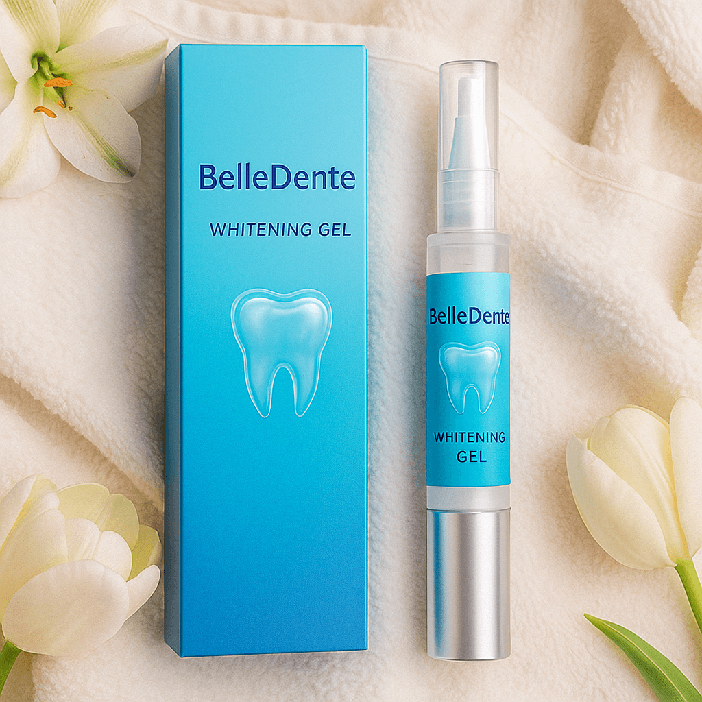 BelleDente Whitening Gel packaging and bottle on a soft background, promoting brighter smiles and healthy gums.