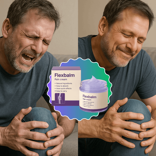 Flexbalm Pain Cream for muscle stiffness relief, featuring a man holding his knee in discomfort and the product packaging.