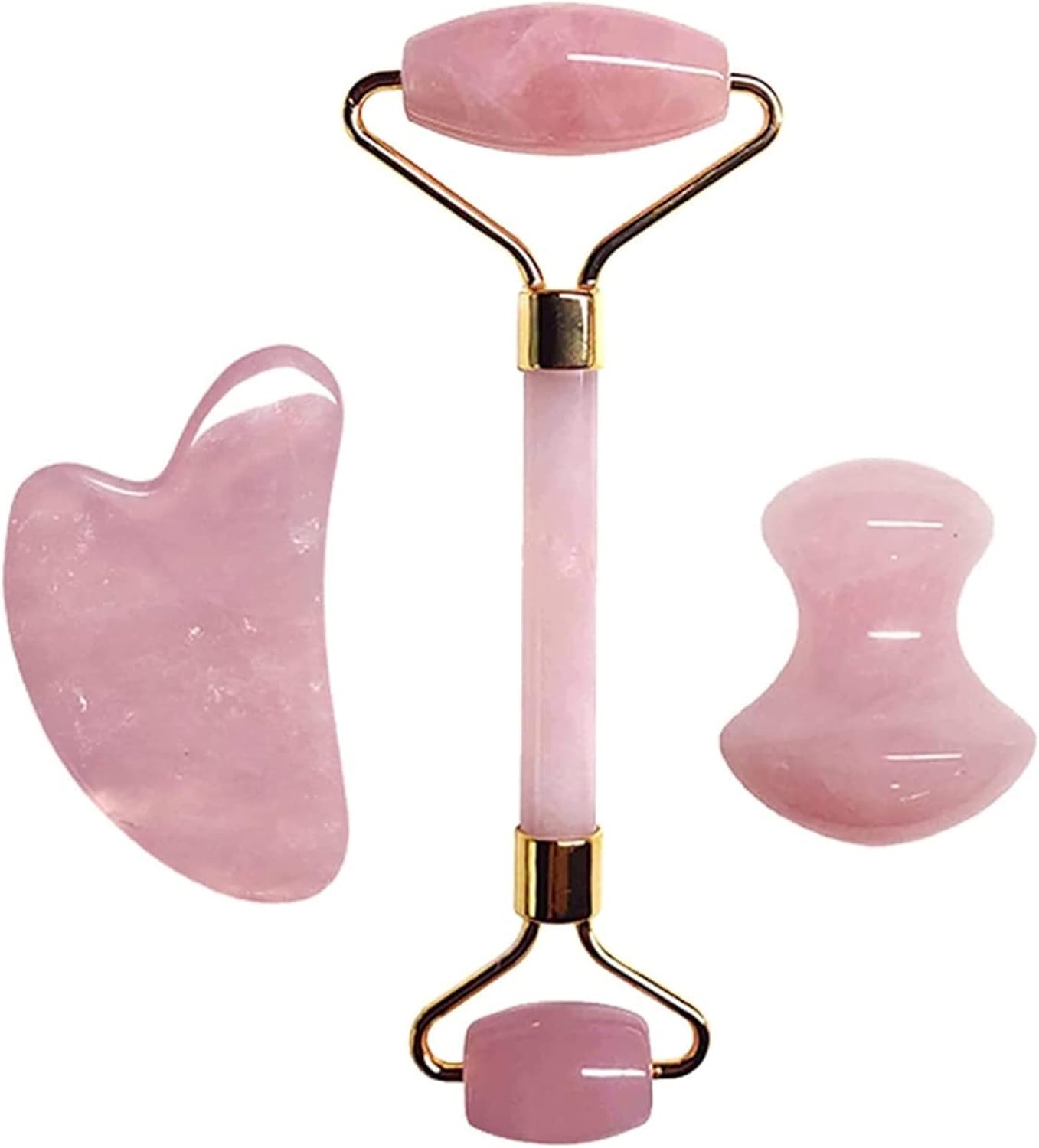 Herbionyx Crystal Glow Gua Sha Massager set featuring rose quartz tools for sculpting and relaxing the face.