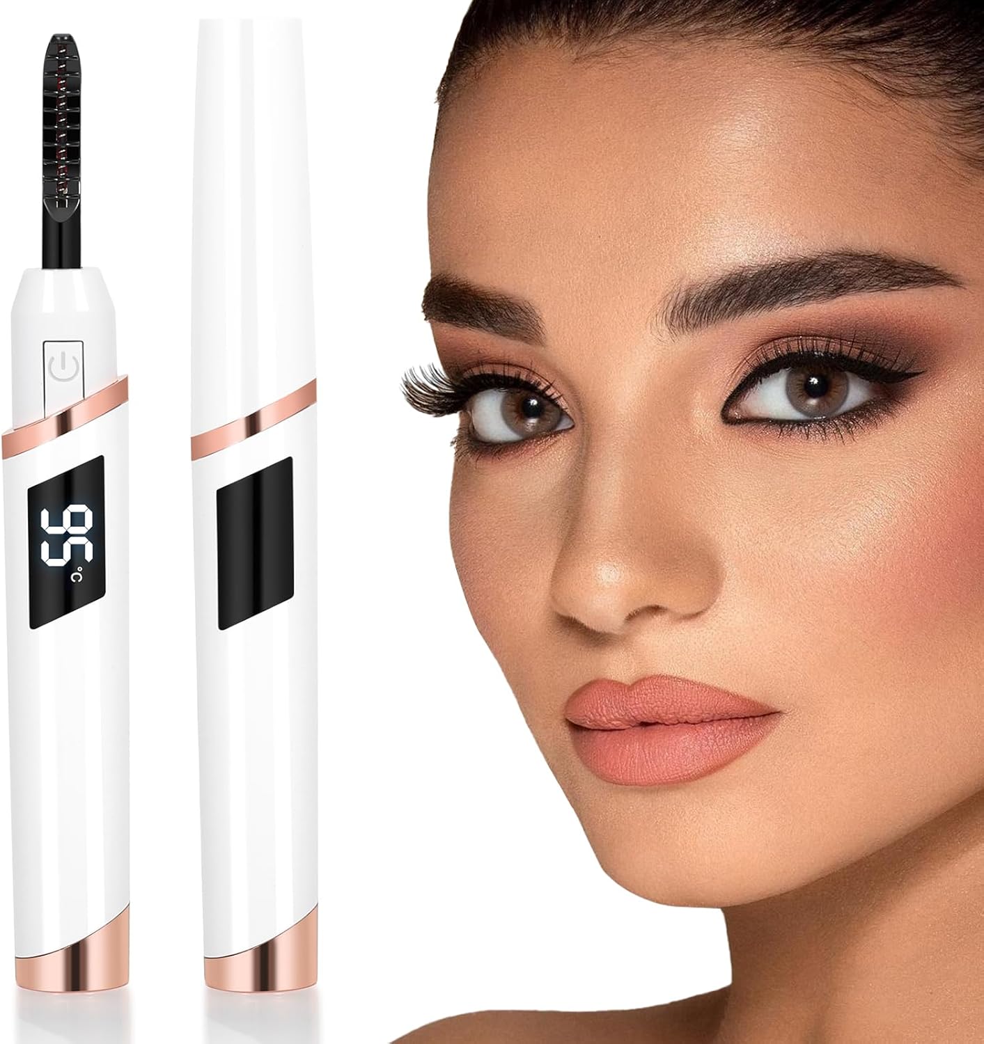 Herbionyx Heated Eyelash Curler next to a model showcasing beautifully curled eyelashes.