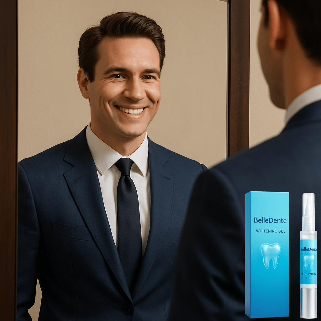 Smiling man in a suit admiring his teeth in the mirror with BelleDente Whitening Gel displayed.