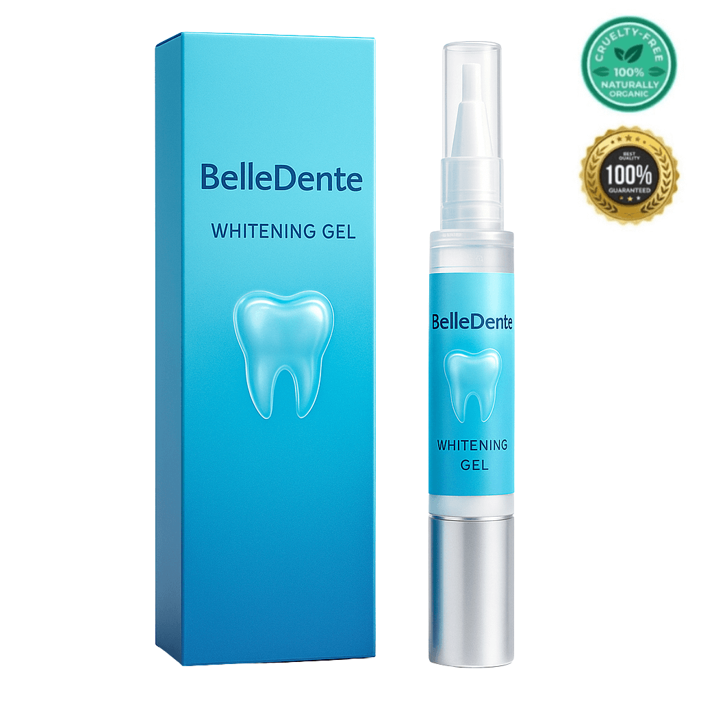BelleDente Whitening Gel product with blue packaging, designed for brighter smiles and healthy gums.