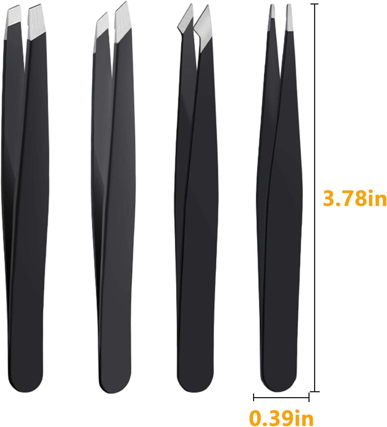 Herbionyx Precision Tweezer Set showcasing four black tweezers, each 3.78 inches long, ideal for precision tasks.