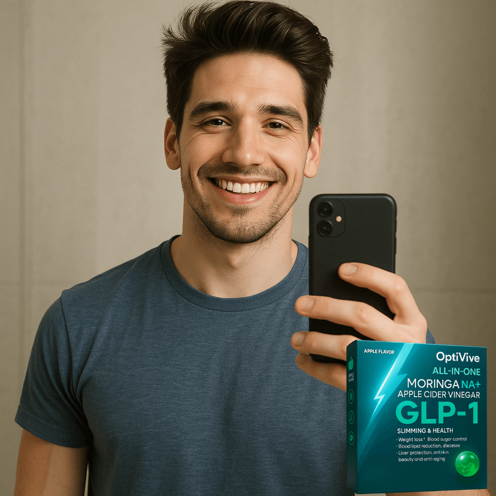 Smiling man holding smartphone with OptiVive GLP-1 all-in-one health product in foreground.