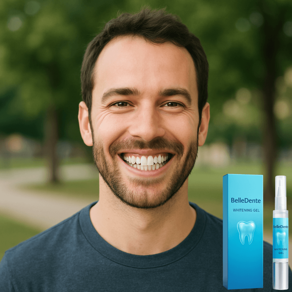 Man smiling brightly next to BelleDente Whitening Gel, promoting a cleaner, healthier smile.