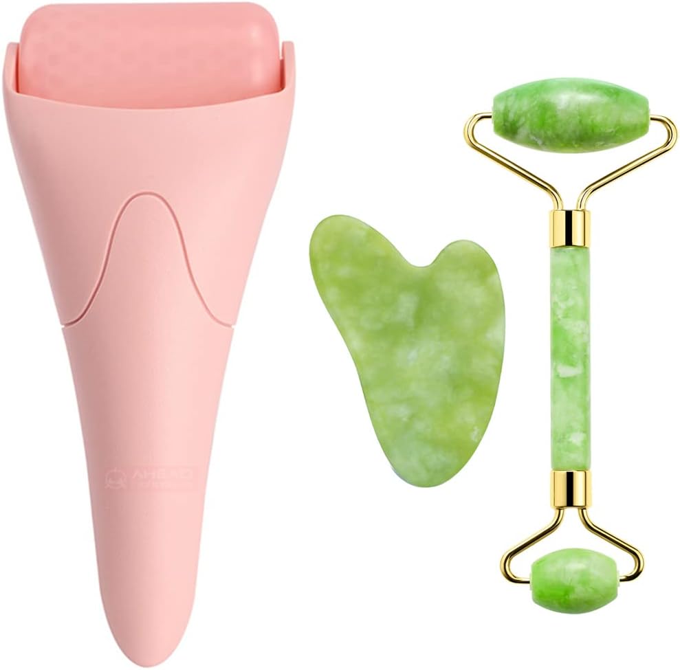 Herbionyx Natural Jade Face Roller set with jade roller, gua sha tool, and pink handle for cooling and massaging skin.