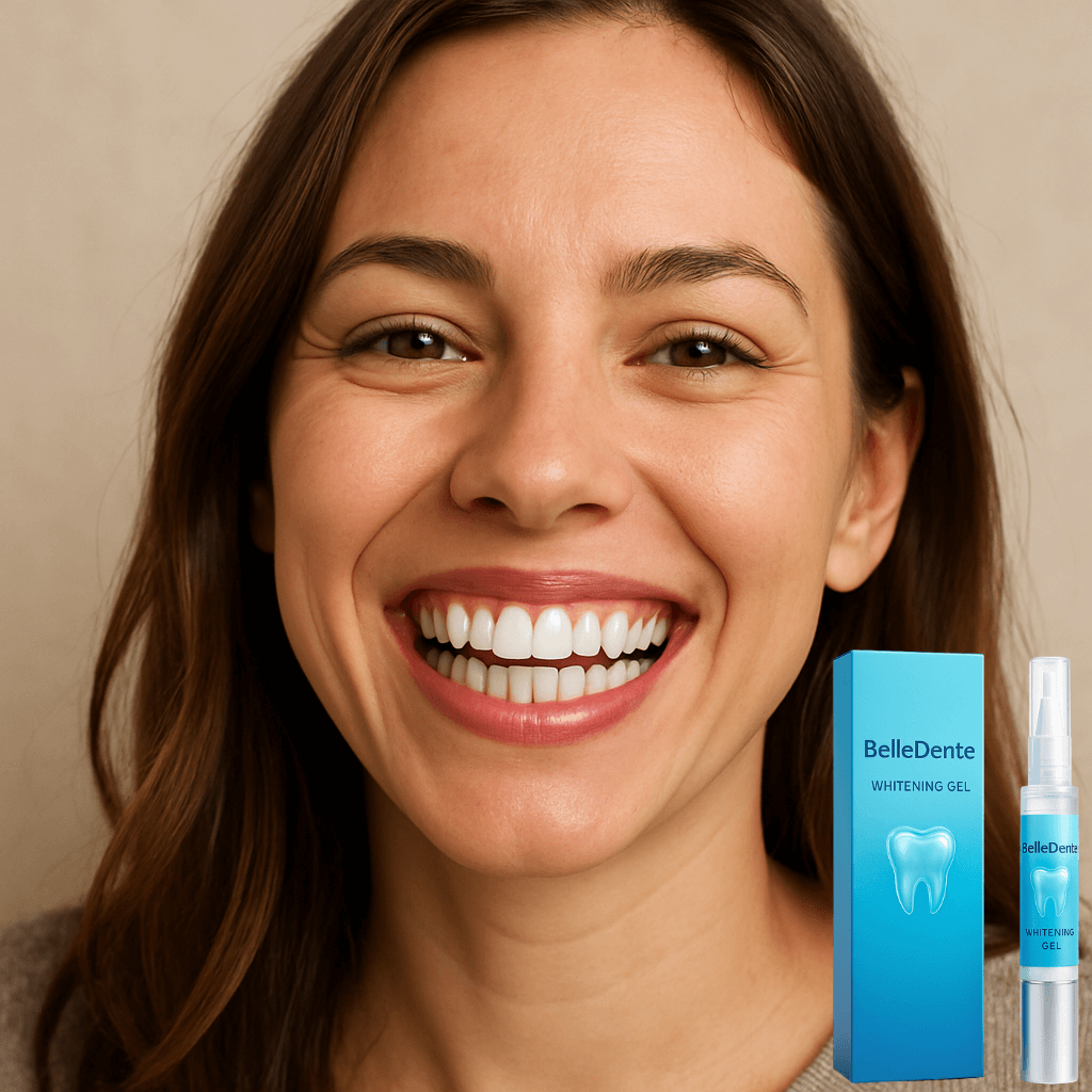 Smiling woman showcasing BelleDente Whitening Gel for a bright, healthy smile in an elegant setting.
