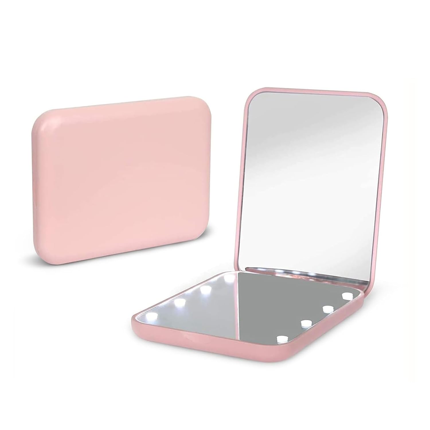 Herbionyx Portable Handheld Makeup Mirror with clear reflection and LED lights in a pink compact design.