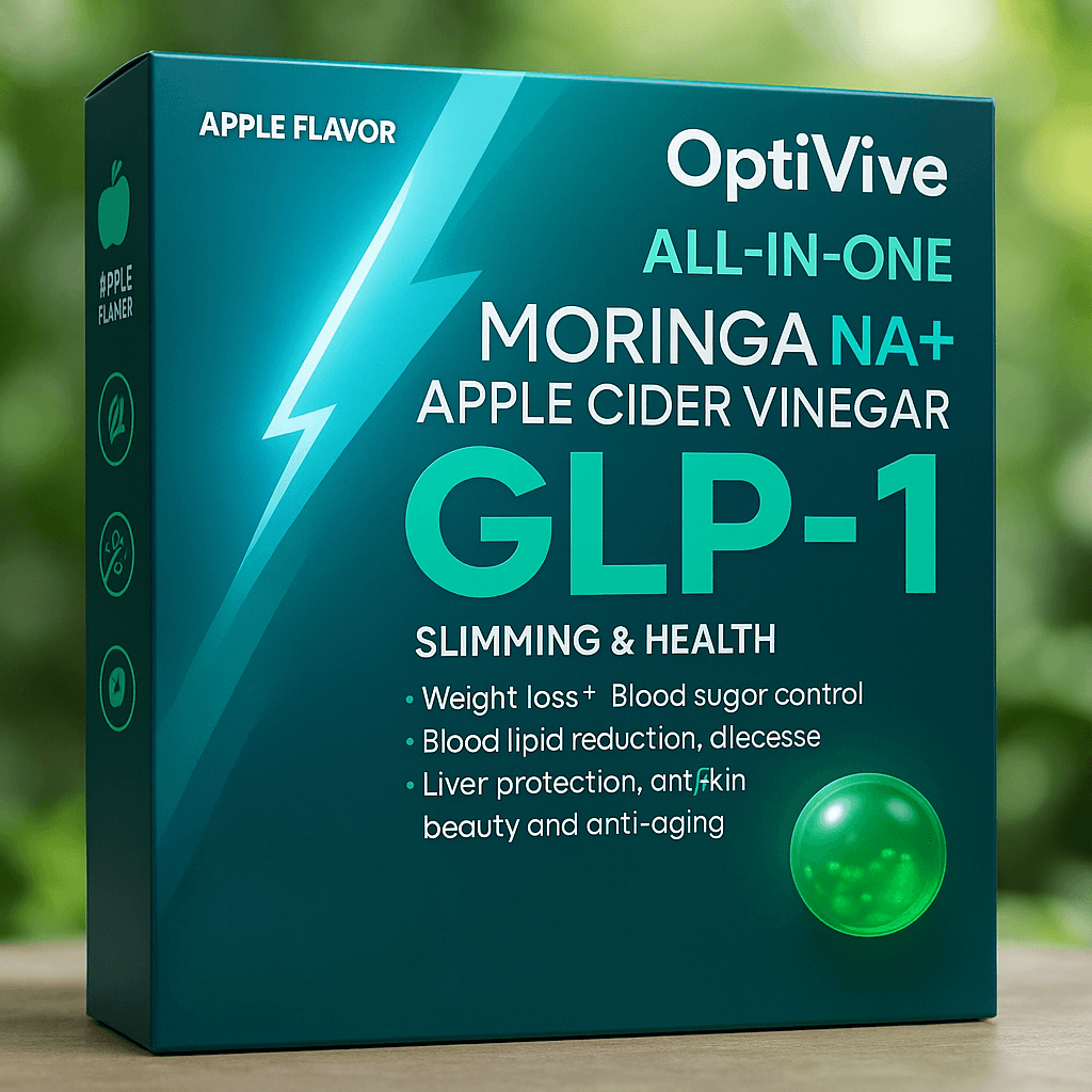 OptiVive All-In-One Moringa and Apple Cider Vinegar GLP-1 supplement box showcasing health benefits and apple flavor.