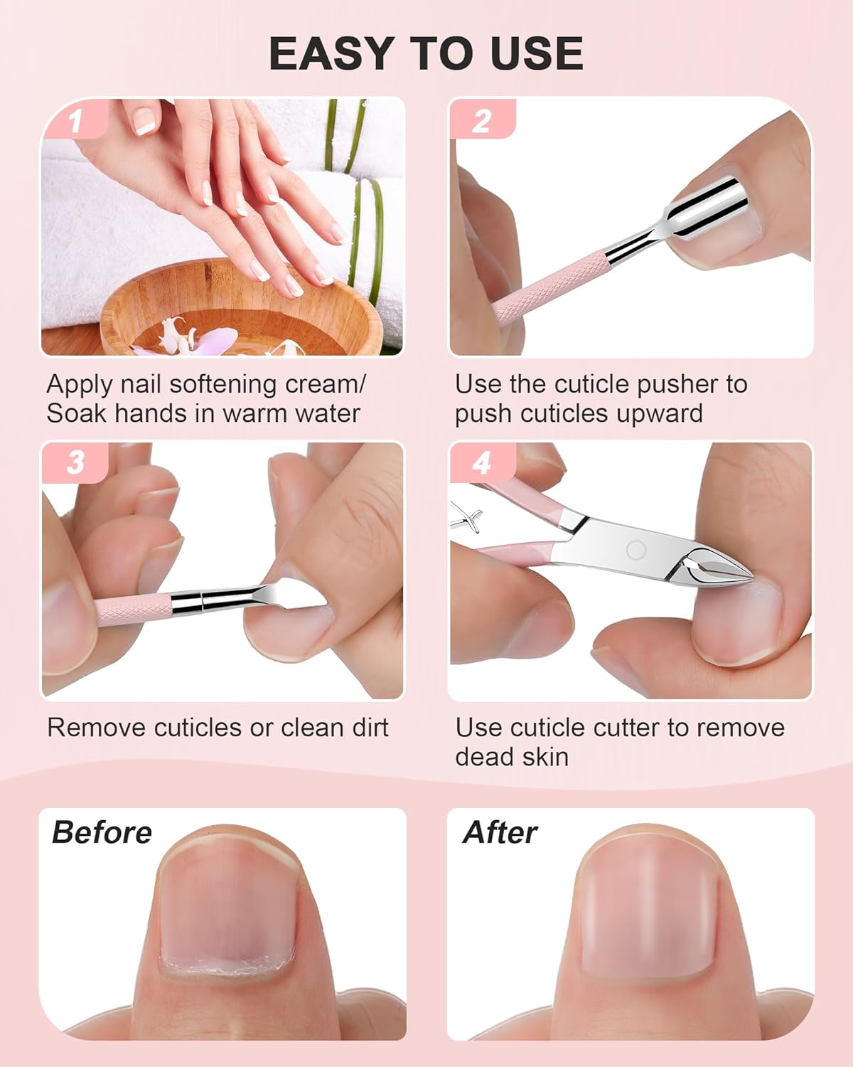 Steps demonstrating Herbionyx Cuticle Trimmer & Pusher Set for easy nail care and grooming.