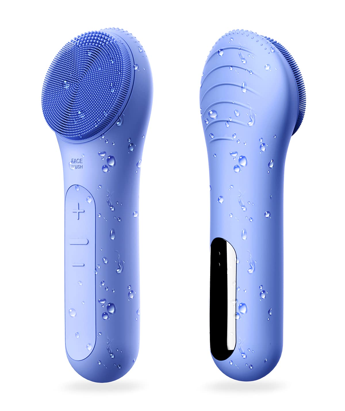 Herbionyx Rechargeable Facial Cleansing Brush in blue, waterproof with soft silicone brush heads for deep cleansing.