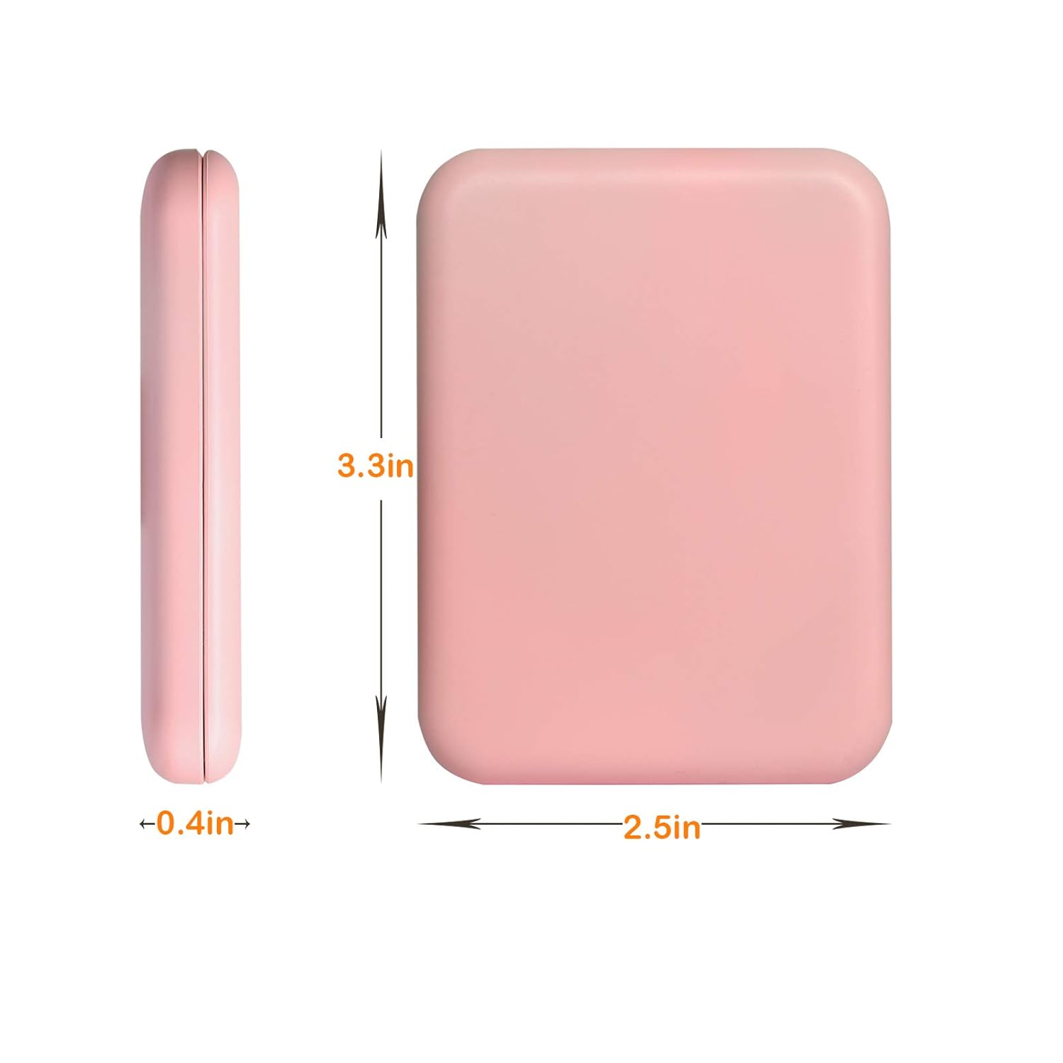 Herbionyx Portable Handheld Makeup Mirror shown in pink with dimensions 3.3in x 2.5in x 0.4in for beauty routines.