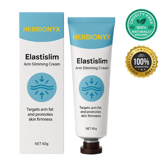 Herbionyx Elastislim arm slimming cream tube and box, targets arm fat and promotes skin firmness, cruelty-free.