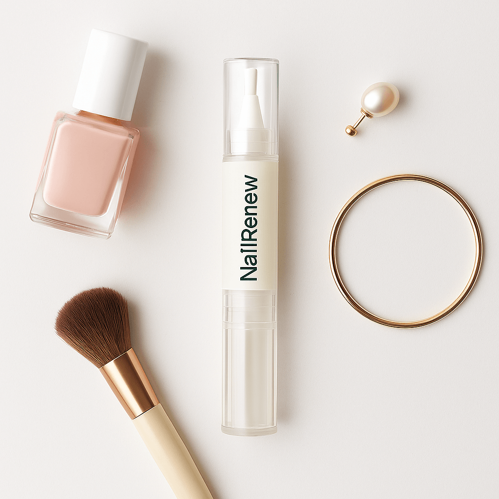 NailRenew precision applicator with nail polish, brush, jewelry on a light background for fungal treatment.