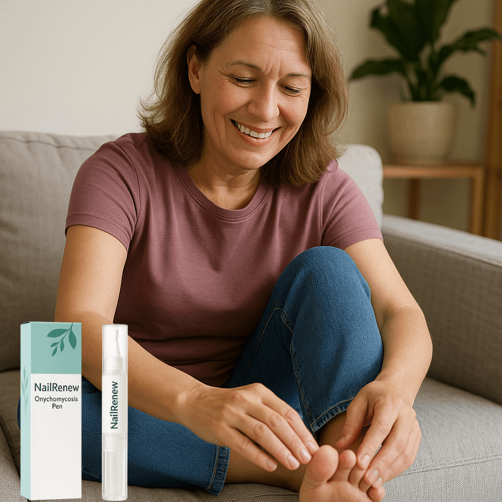 Woman using NailRenew applicator for fungal nail treatment at home, smiling on couch.