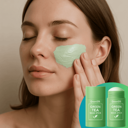 Woman applying GreenSilk Green Tea facial cream stick on her face for a spa-like experience.