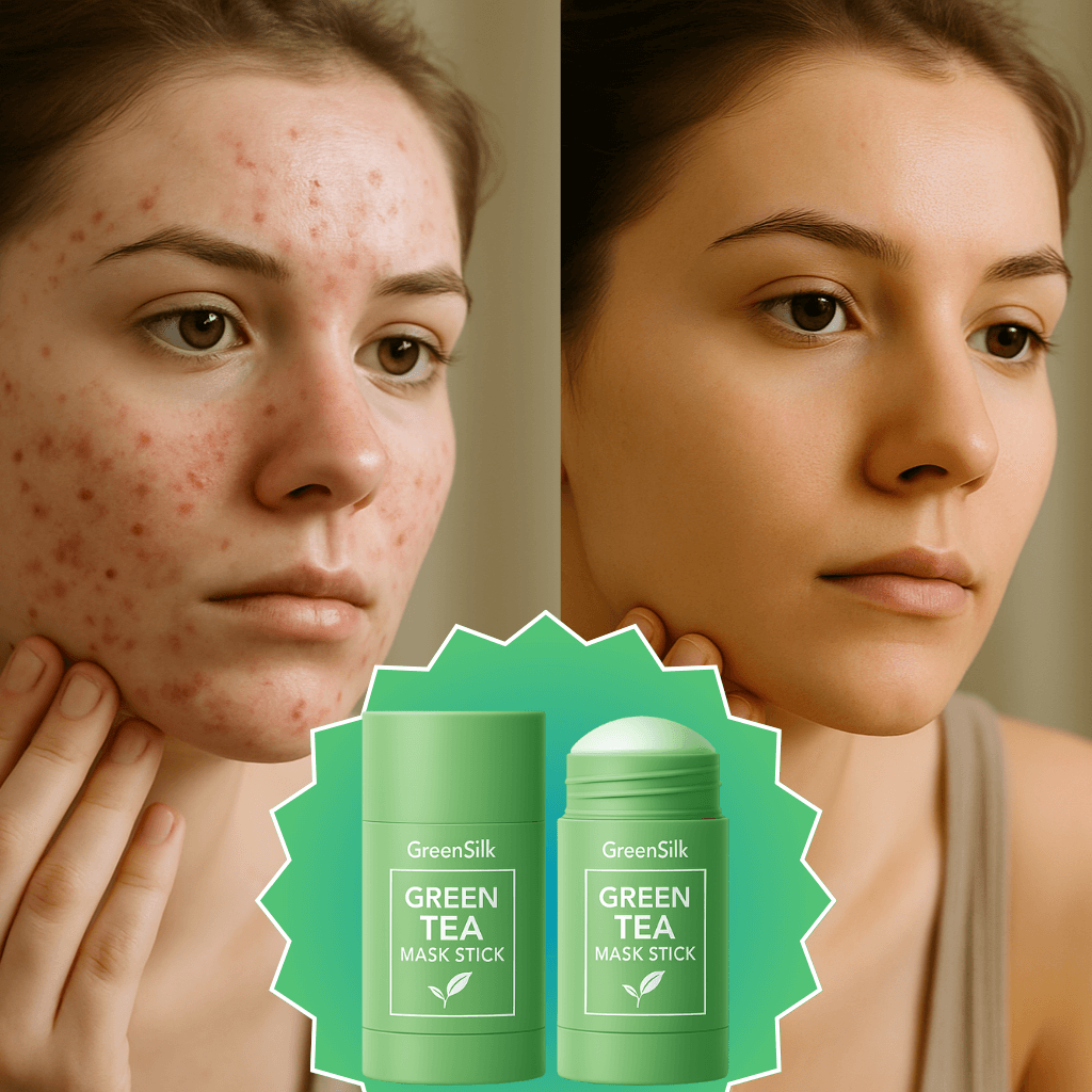 Before and after using GreenSilk Green Tea Mask Stick for clearer, healthier skin.
